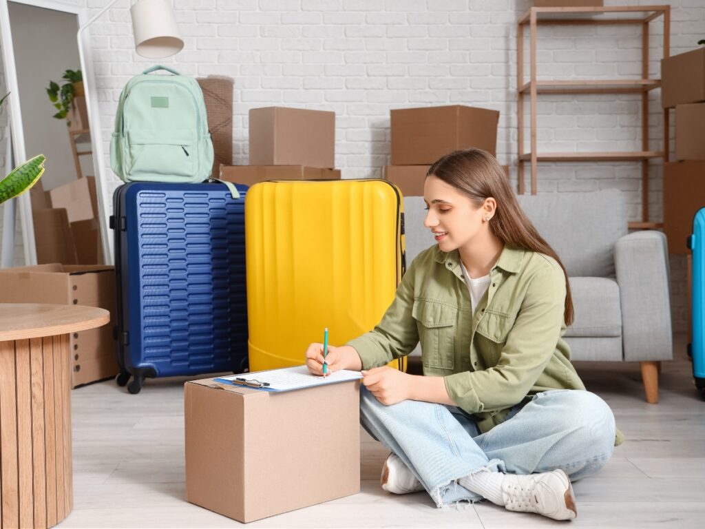 A Decluttering Guide for a Stress-Free Move 2 Young woman sits on the floor amid moving boxes, writing on a clipboard with suitcases and packed items—following a Decluttering Guide for an organized move.